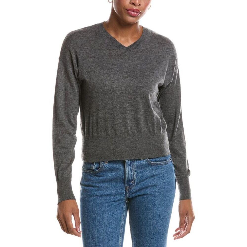 Autumn Cashmere Womens  Long Sleeve High V-Neck 100% Cashmere Sweater, Gray